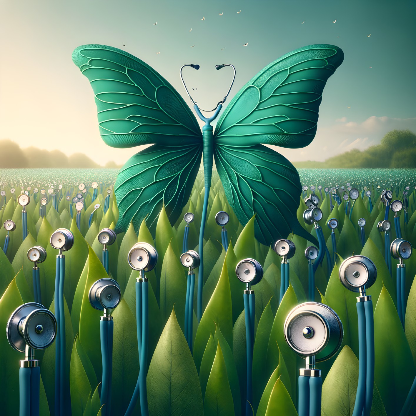 Surreal Landscape with Giant Green Butterfly and Speakers