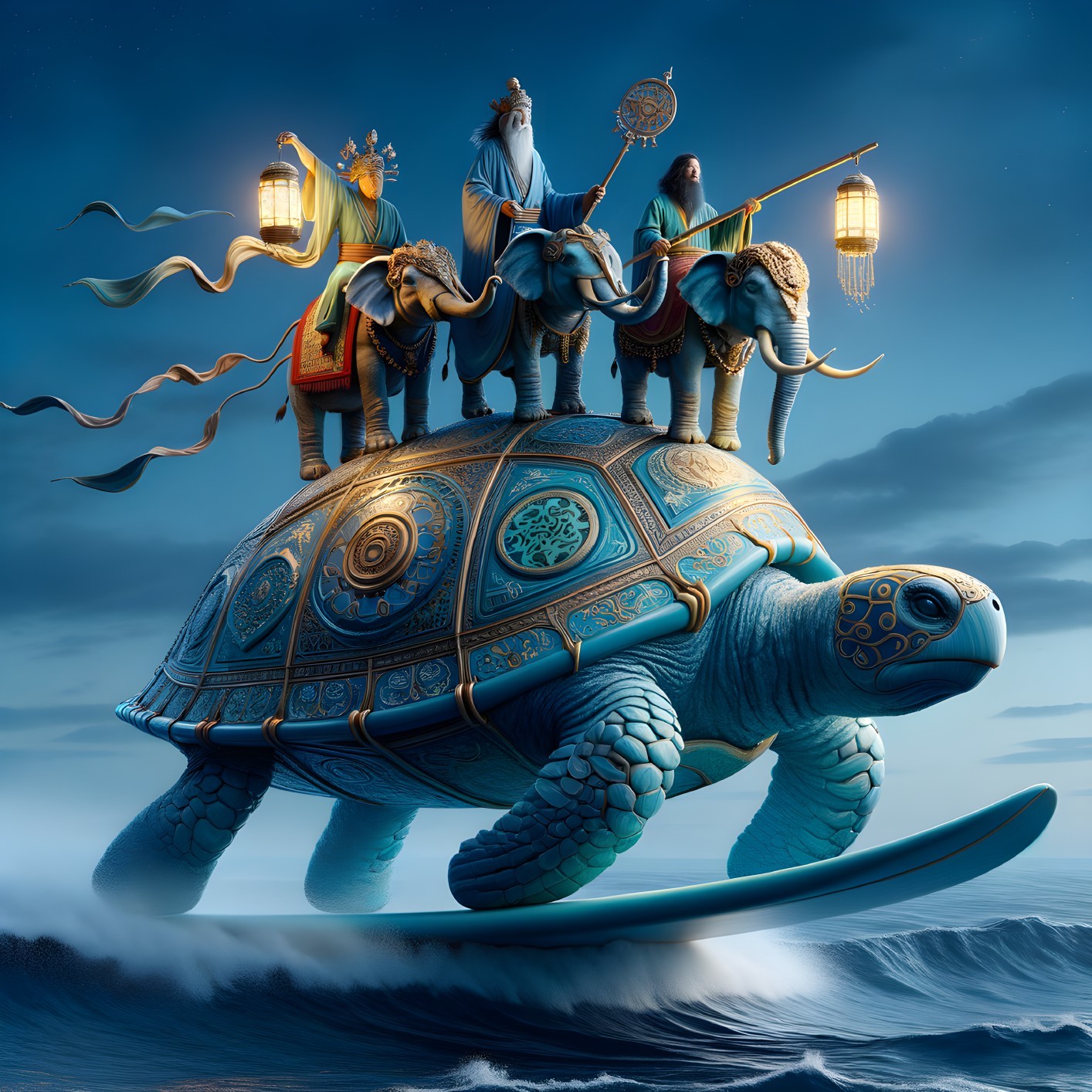 Majestic turtle with figures and elephants in moonlight