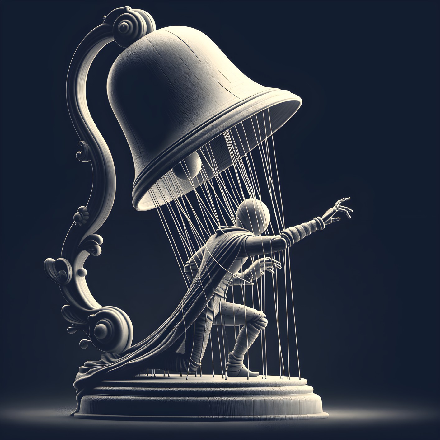Sculpture of a figure in a bell representing confinement