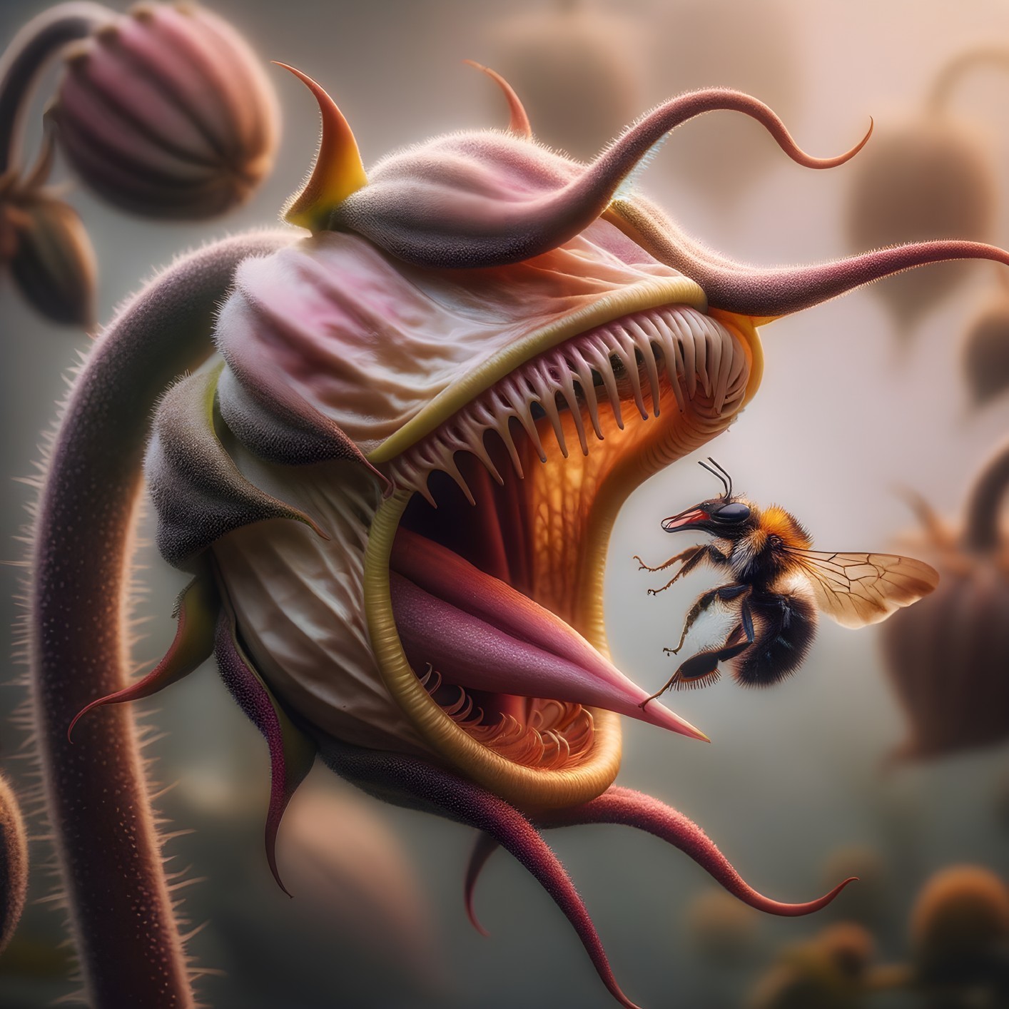 Vibrant Carnivorous Plant with Bee in Surreal Setting