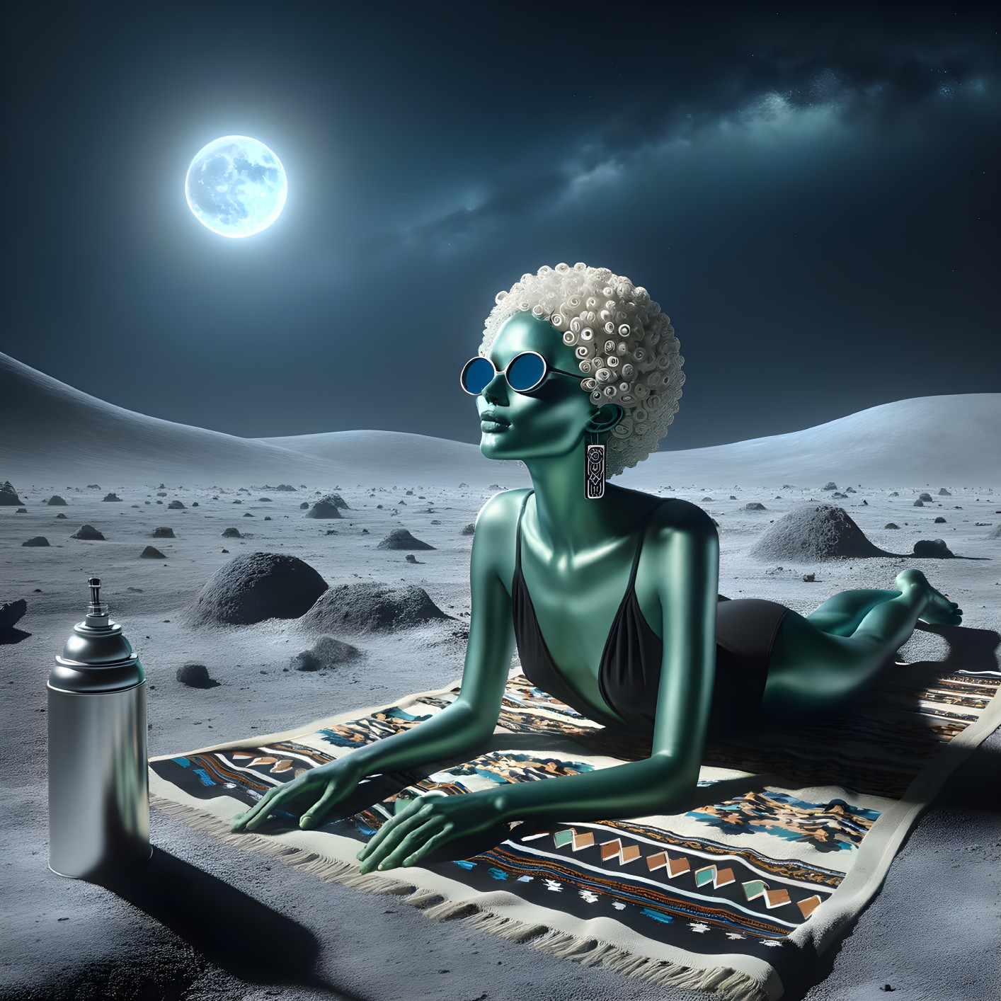 Futuristic Lunar Landscape with Stylish Green Figure