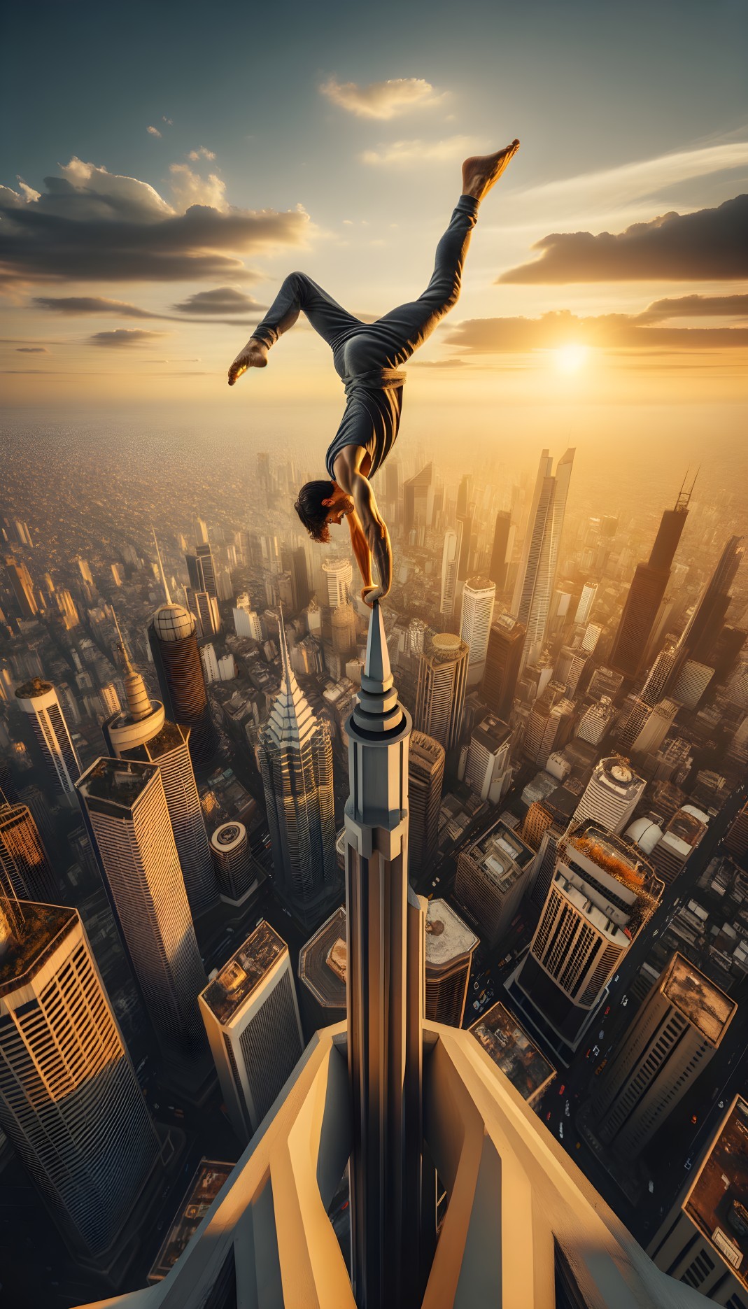 Performer Balancing on Skyscraper at Sunset