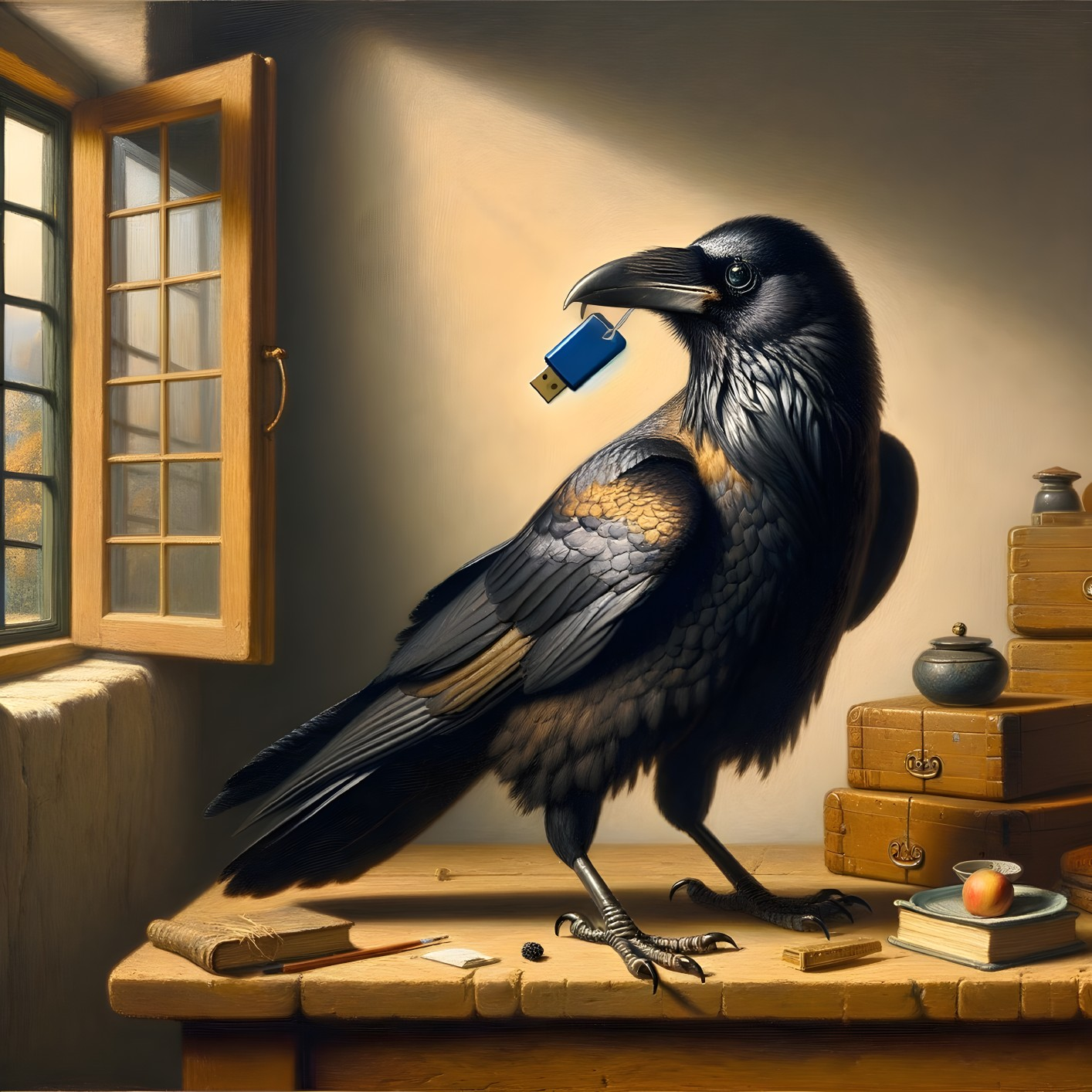 Raven with USB Drive in Sunlit Room of Books and Boxes