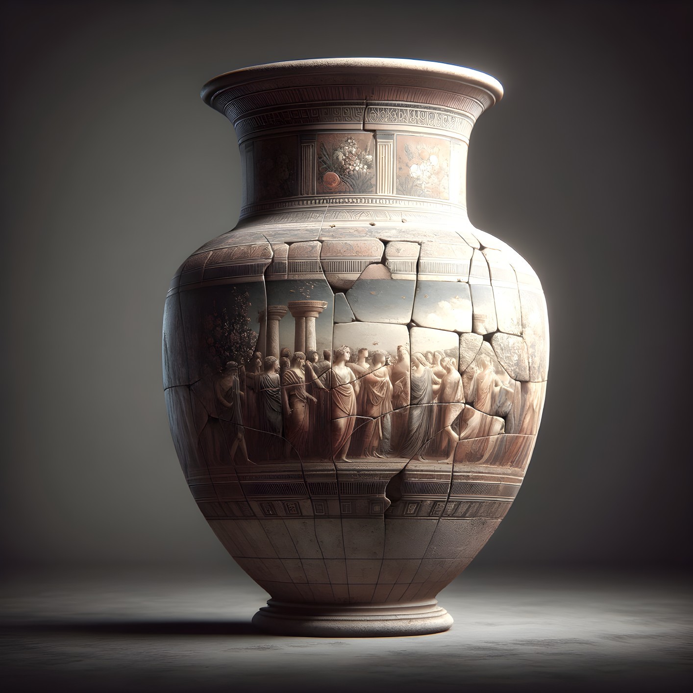 Intricately Designed Vase with Historical Figures and Cracks