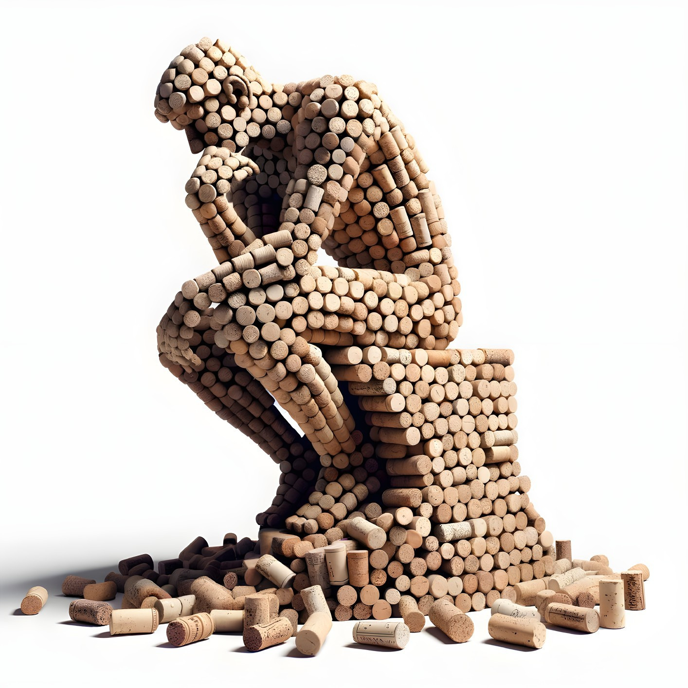 Sculpture of Contemplative Figure Made from Wine Corks
