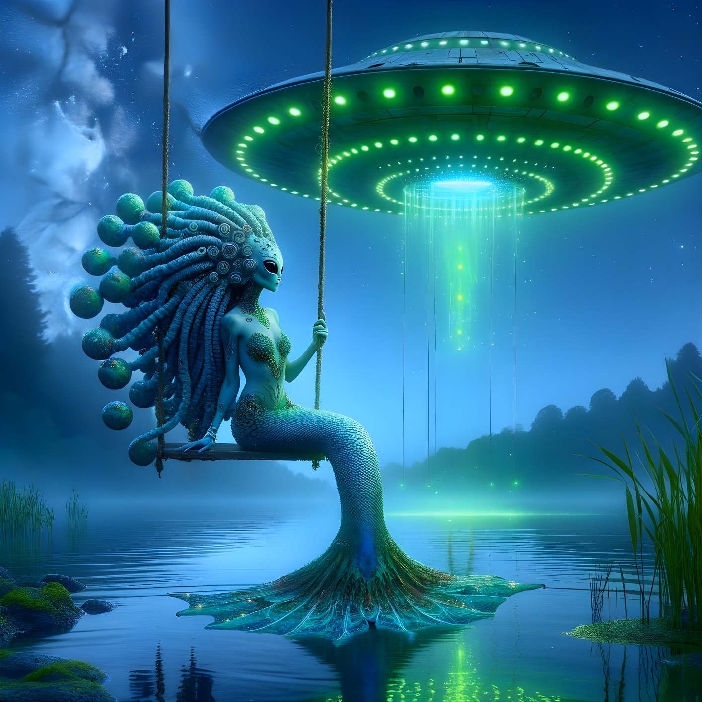 Serene Alien Landscape with Mermaid and UFO