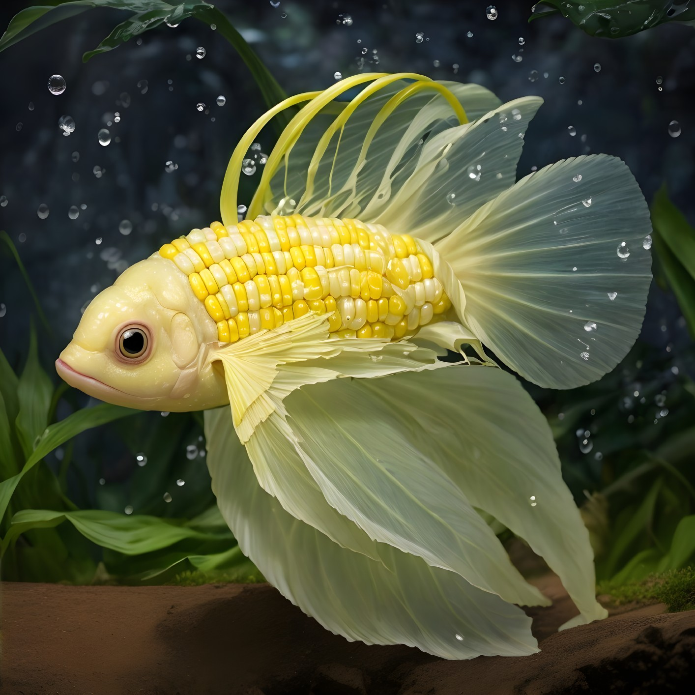 Whimsical Fish with Corn-Inspired Body and Fins