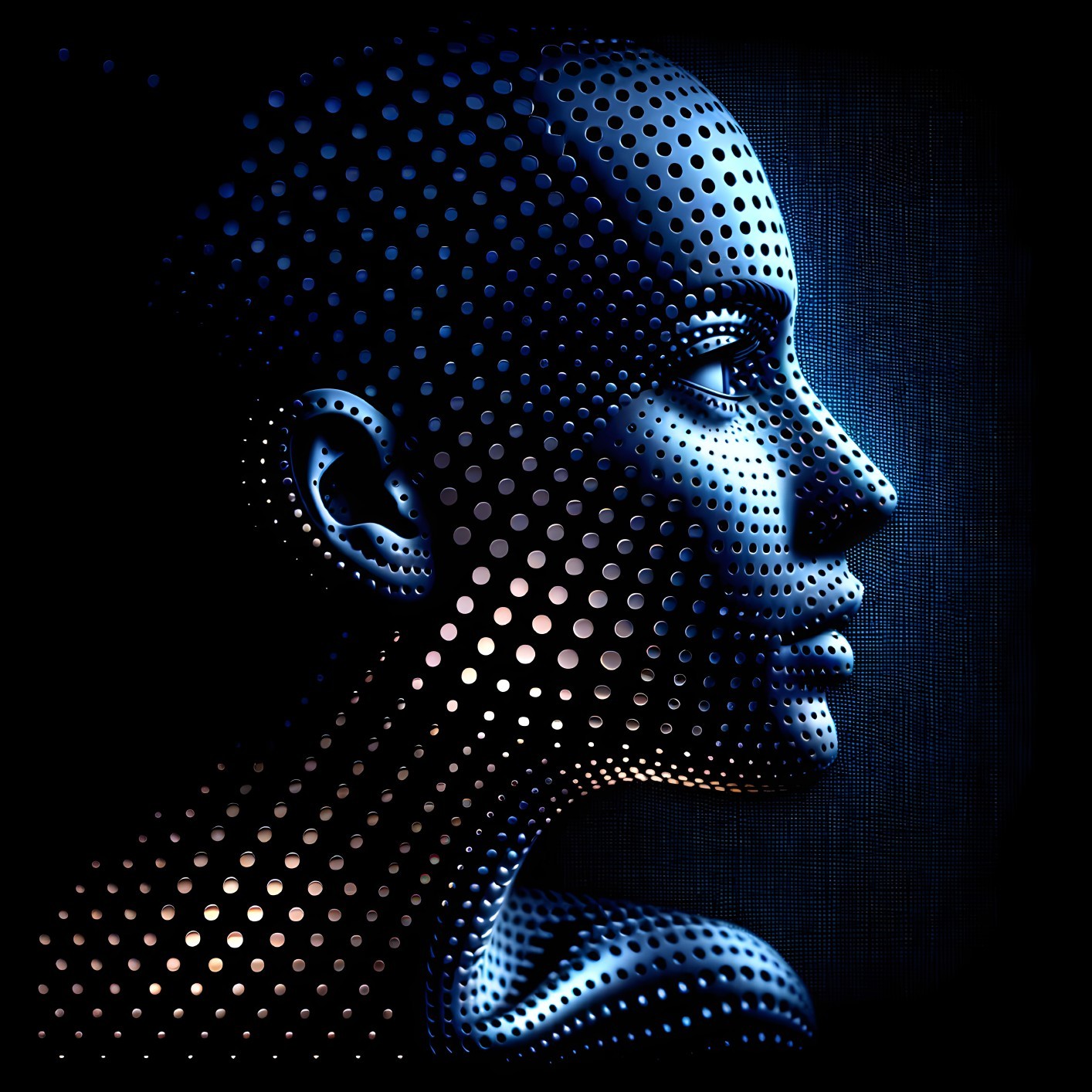 Stylized Metallic Face with Dotted Patterns in Blue