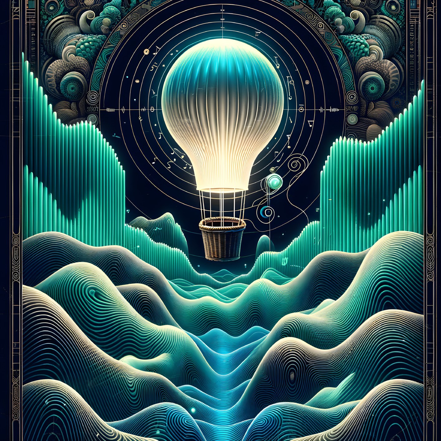 Surreal Hot Air Balloon Over Wave-Like Hills