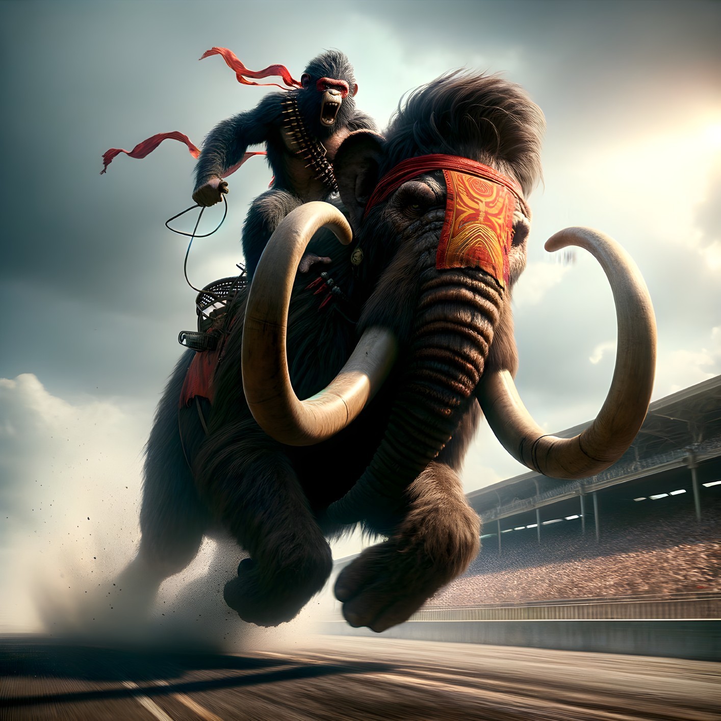 Gorilla Riding Woolly Mammoth in Epic Adventure Scene