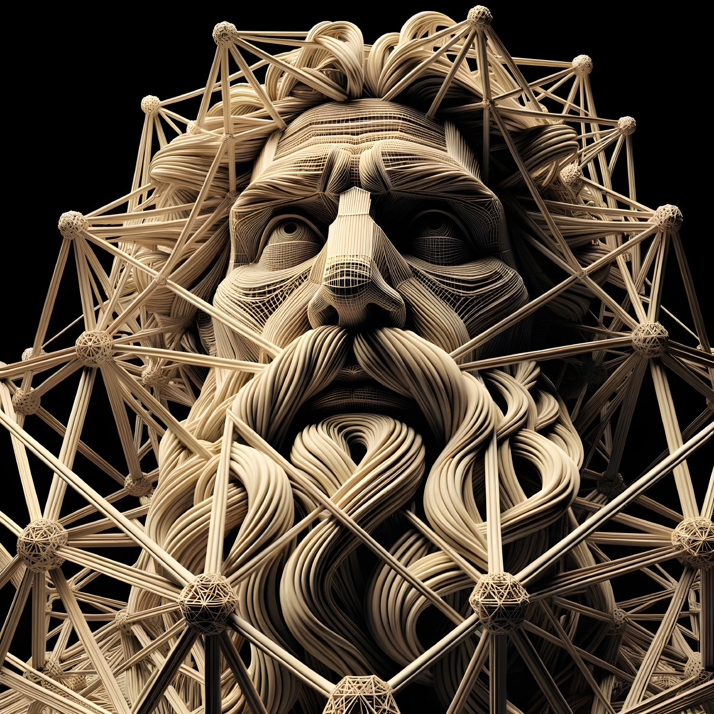 Abstract Sculpture of a Bearded Figure with Lattice Design