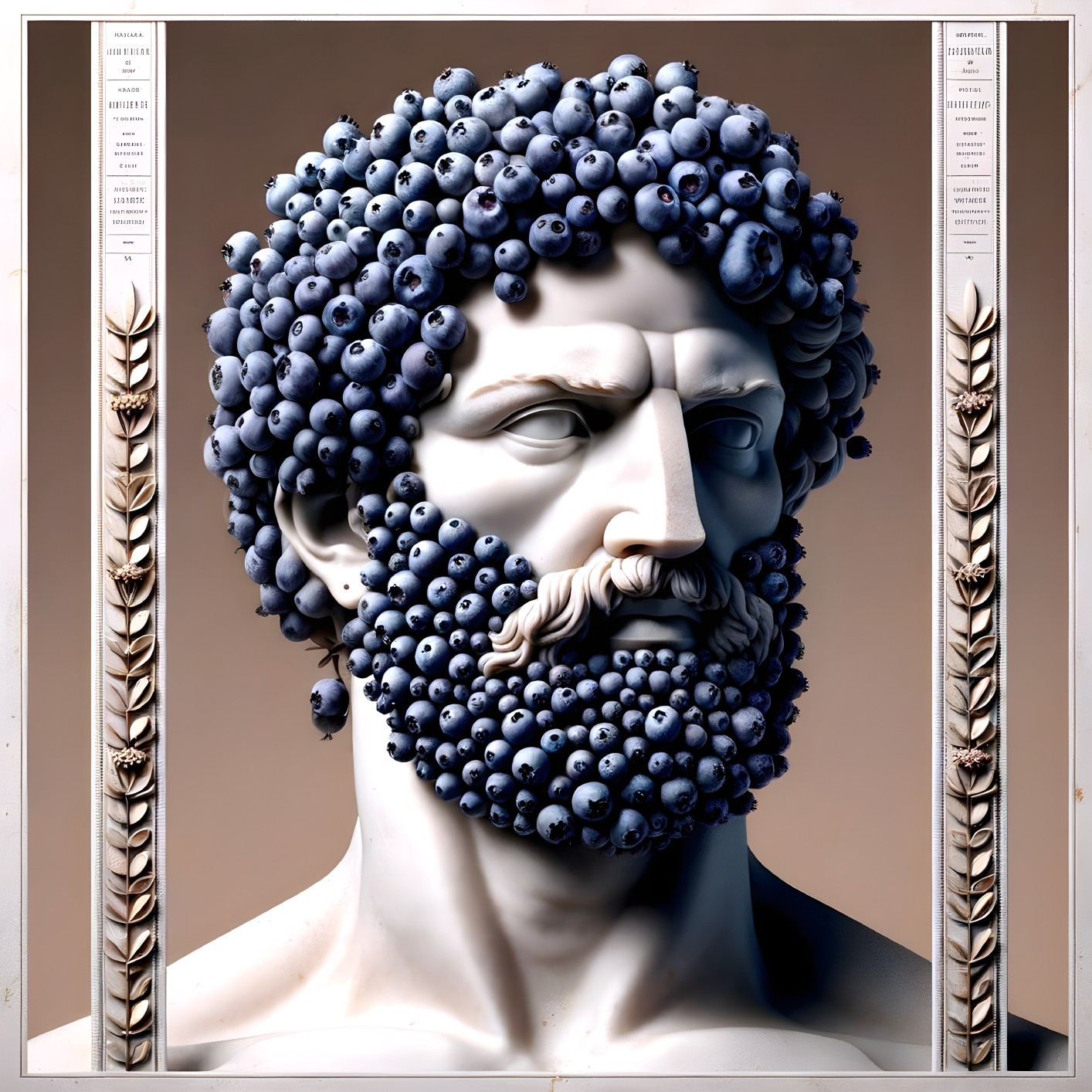 Classical Male Bust Sculpture with Blueberry Arrangement