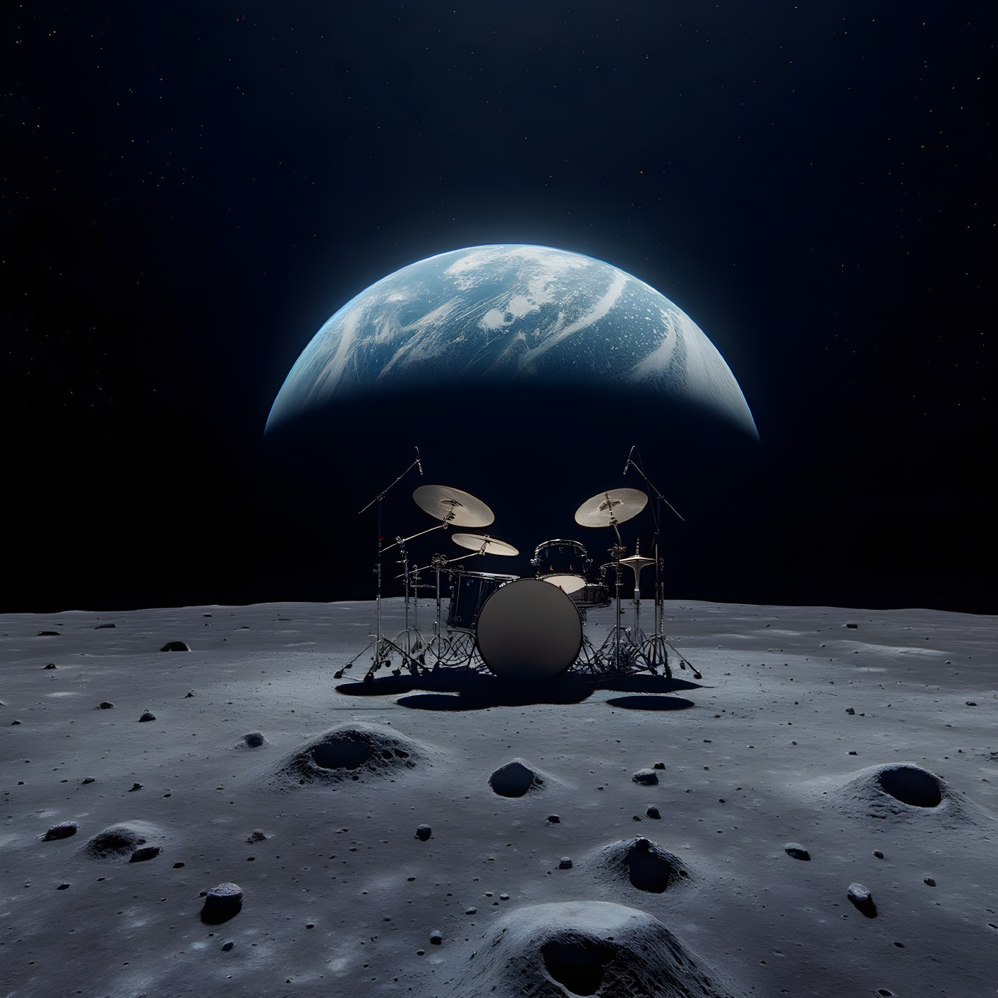 Lunar Landscape with Drum Kit and Earth in Background