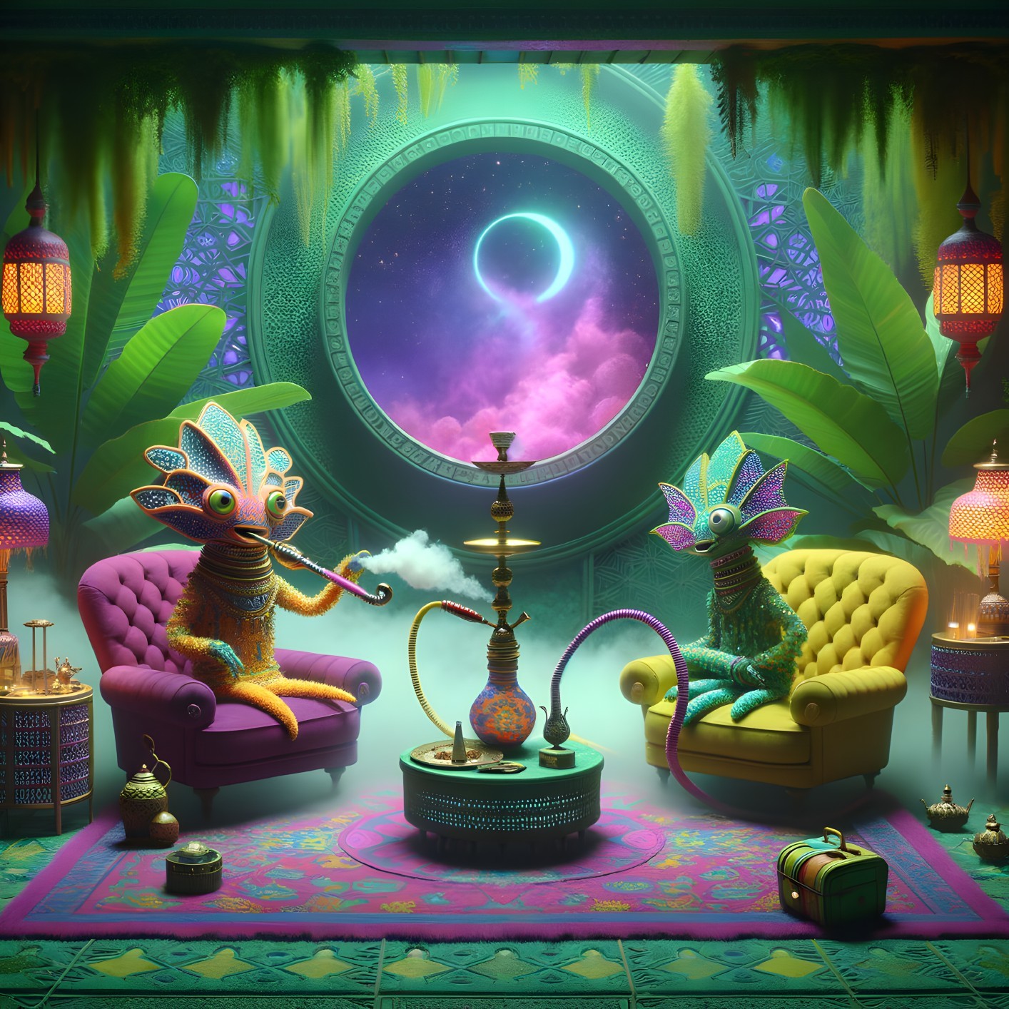 Chameleon-like Creatures in Dreamy Hookah Lounge