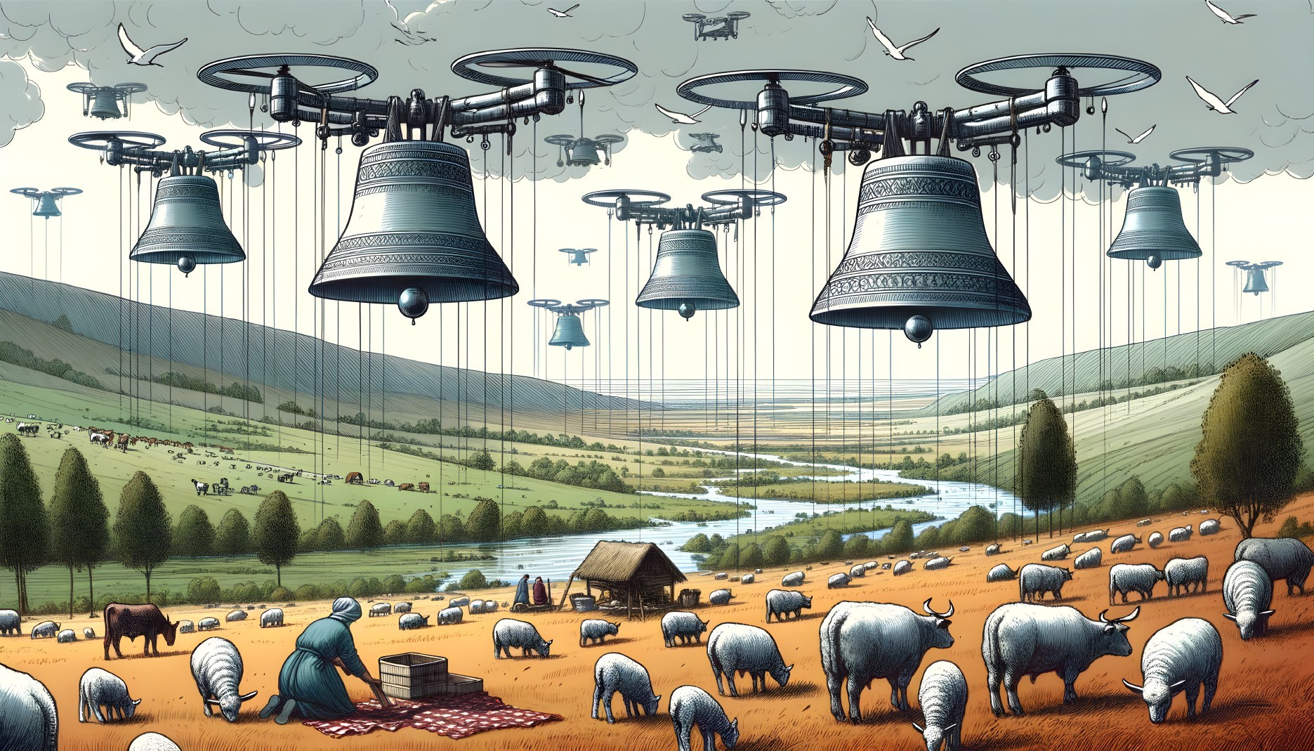 Surreal Landscape with Drones, Bells, and Nature