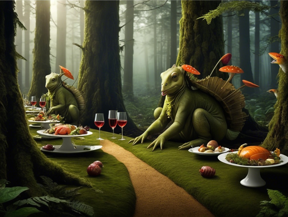 Anthropomorphic Reptiles Dining in a Mystical Forest