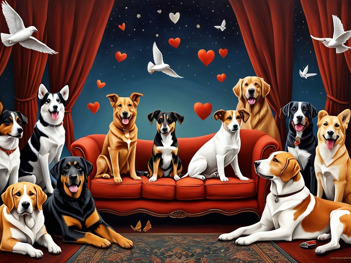 Dogs on a Red Couch Under a Starry Night Sky