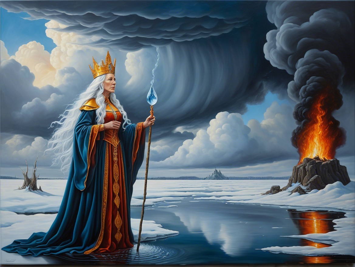 Regal Figure in Blue Gown Amidst Frozen Landscape
