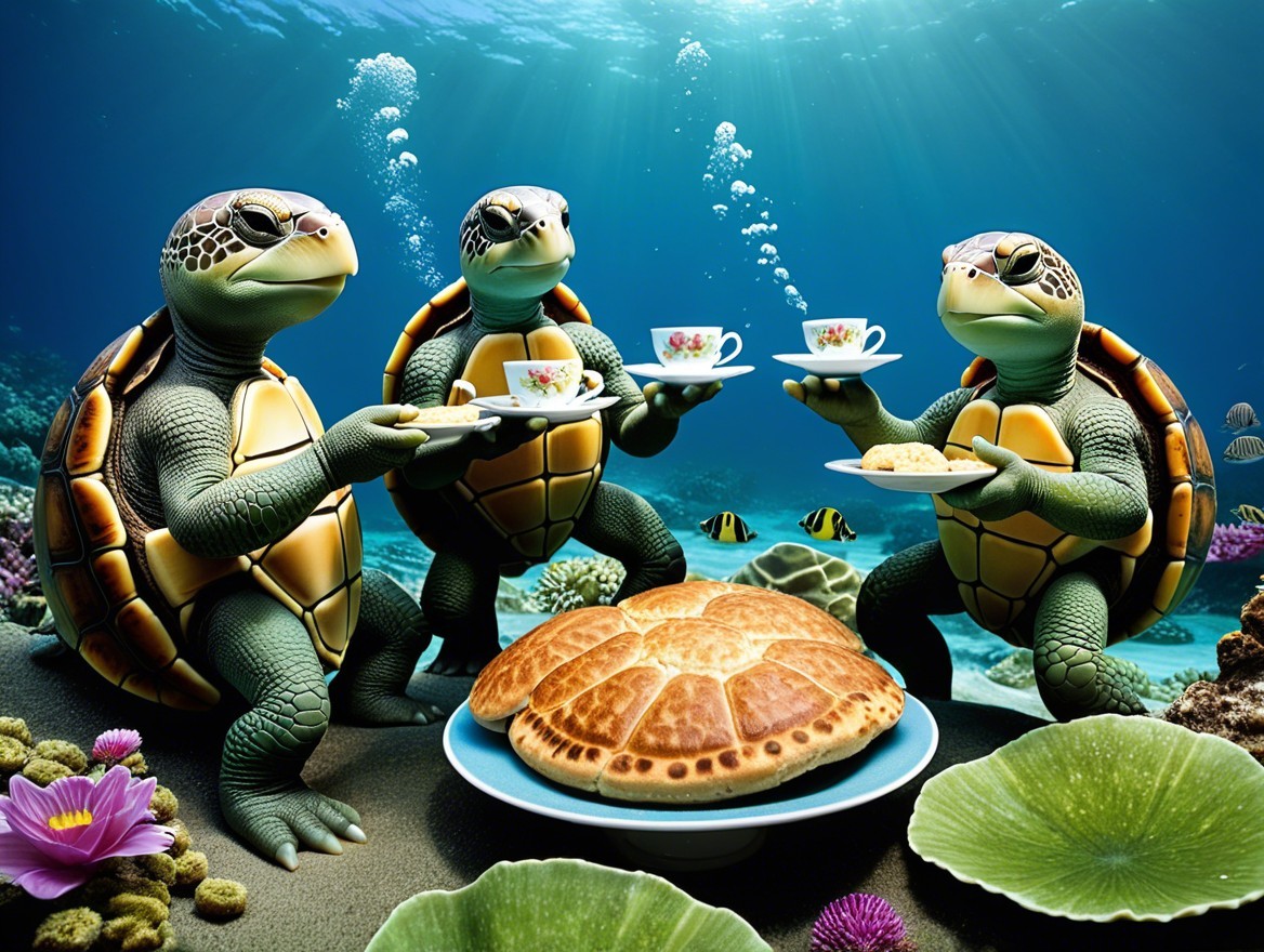 Underwater Tea Party with Animated Turtles and Pastry