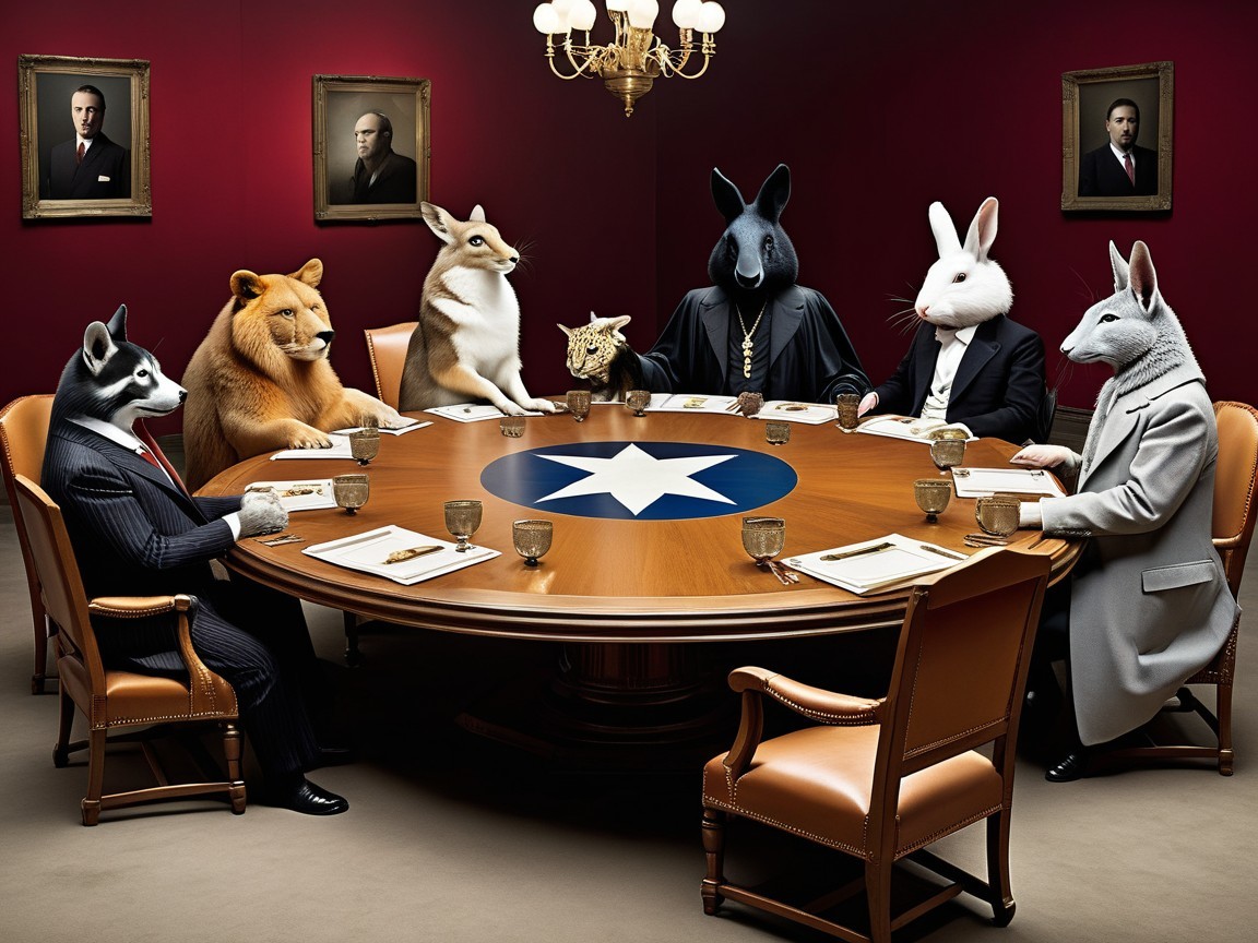 Anthropomorphic Animals in Formal Attire at Table