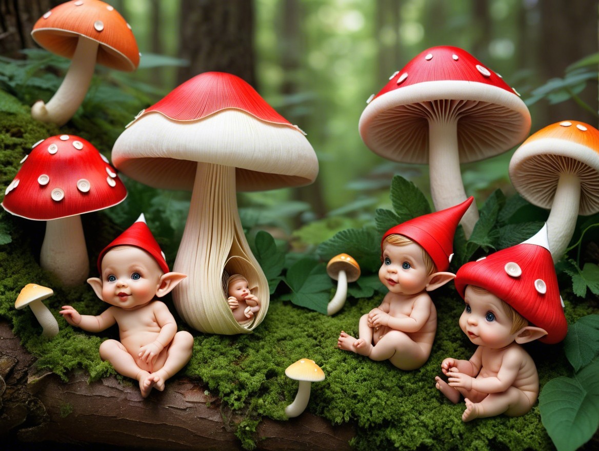 Whimsical Forest Scene with Baby Creatures and Mushrooms