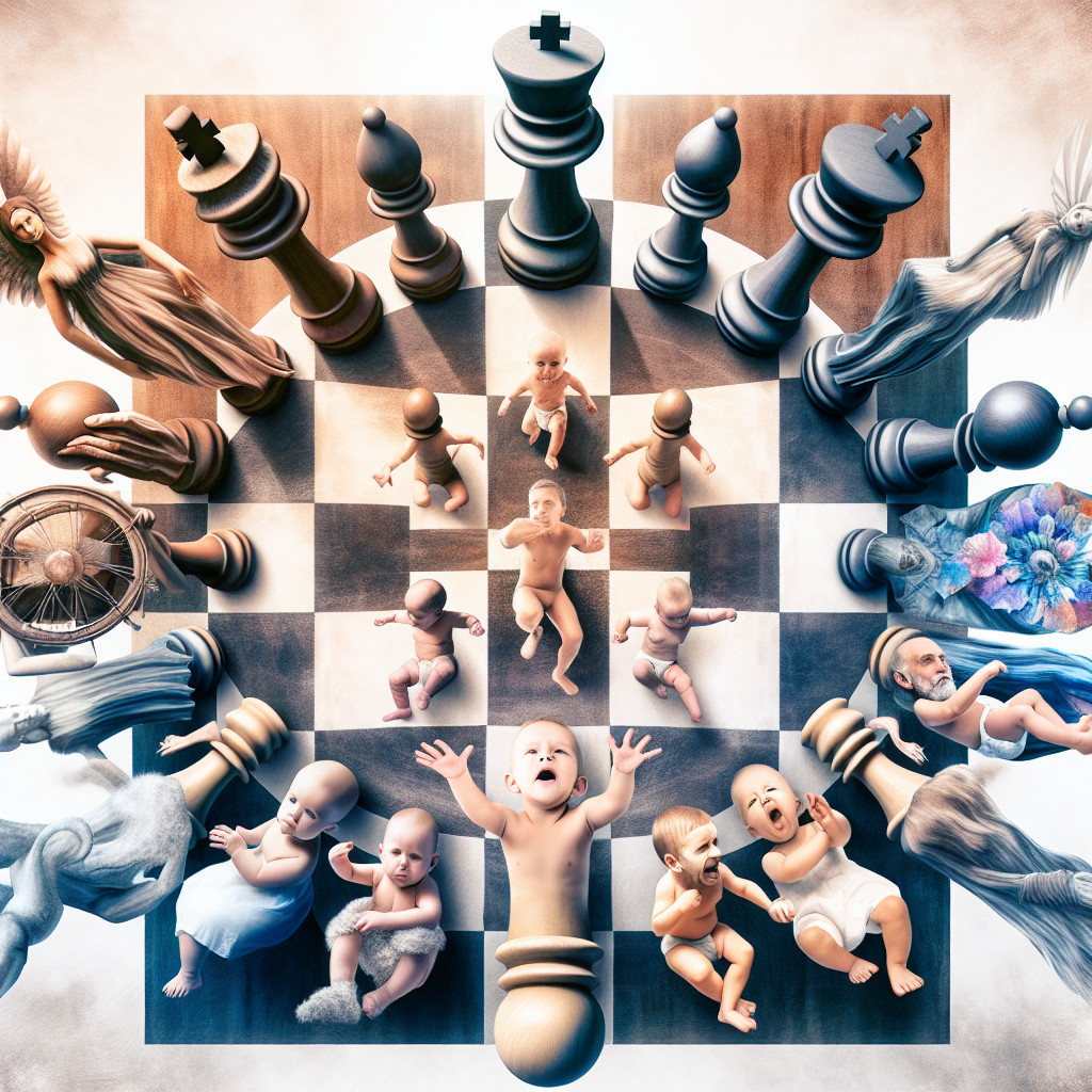 Surreal Chessboard with Whimsical Babies and Nature