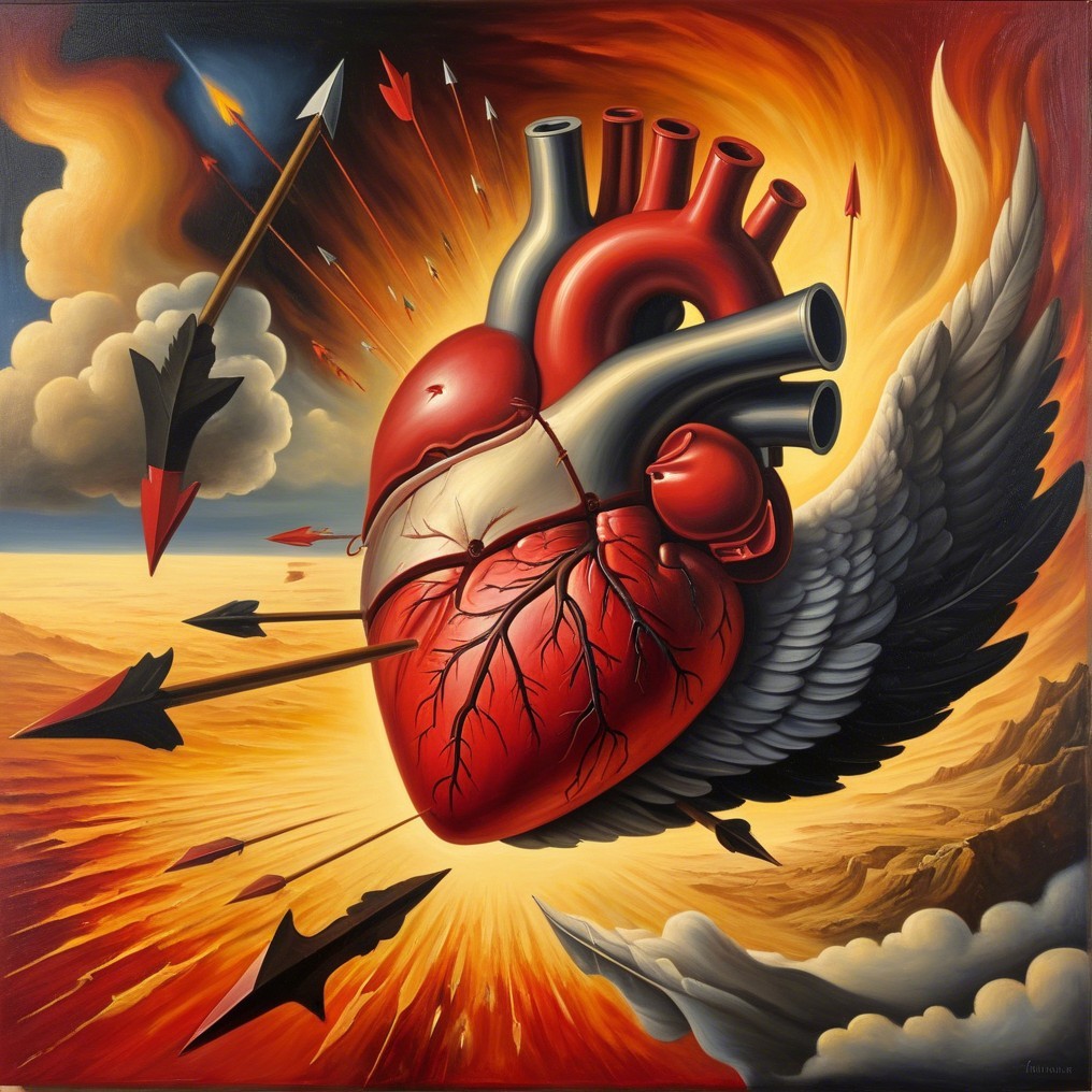Surreal Heart with Wings and Exploding Arrows