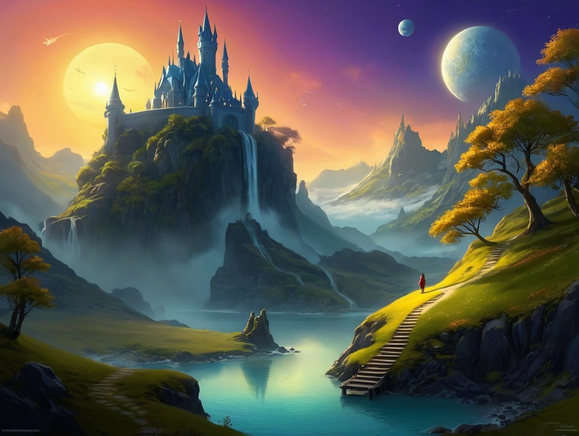 Majestic castle at sunset with river and greenery