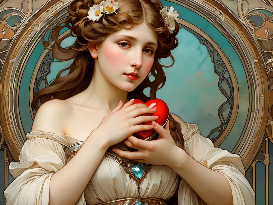 Young woman in white gown holding red heart with flowers