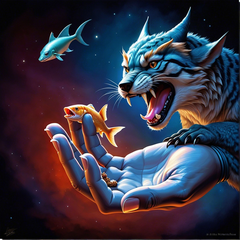 Surreal Scene of Lynx on Human Hand with Cosmic Fish