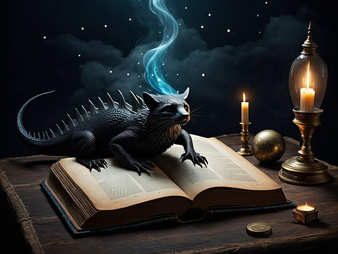 Black-Scaled Dragon on Open Book with Candlelight