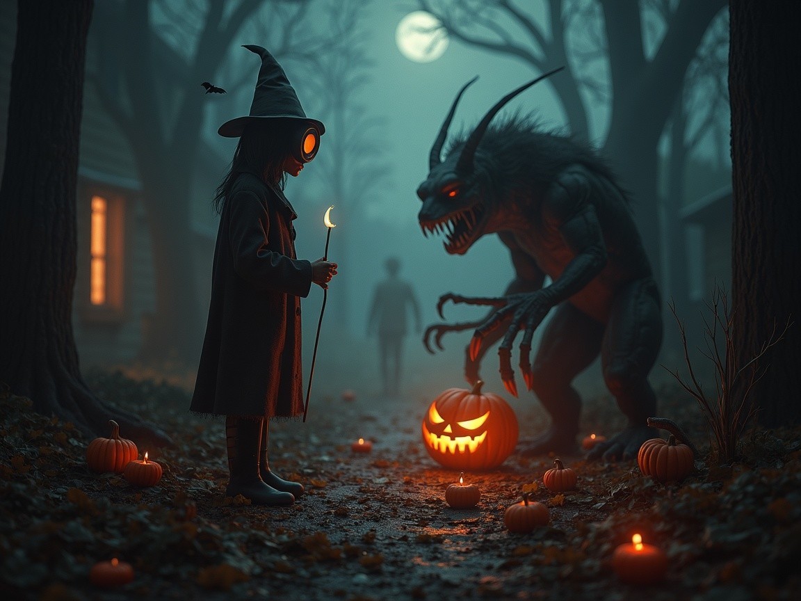 Witch and Creature in a Foggy Halloween Forest Scene