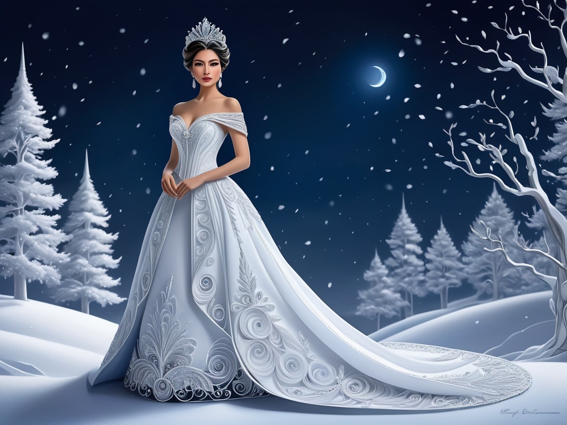 Elegant Figure in Off-Shoulder Gown in Winter Scene