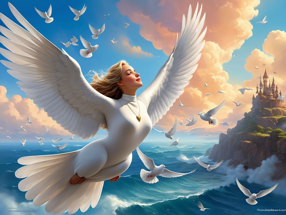 Ethereal Figure with Wings Over Serene Ocean Scene