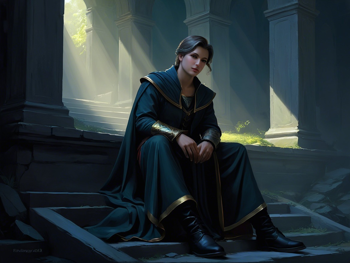 Figure in Dark Green Cloak on Ancient Stone Steps
