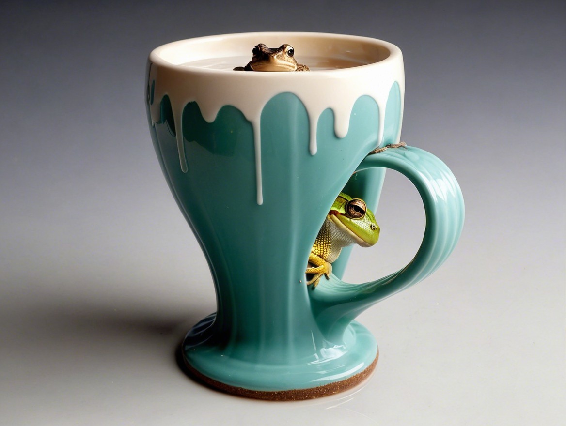 Whimsical Scene of Frogs in a Turquoise Mug