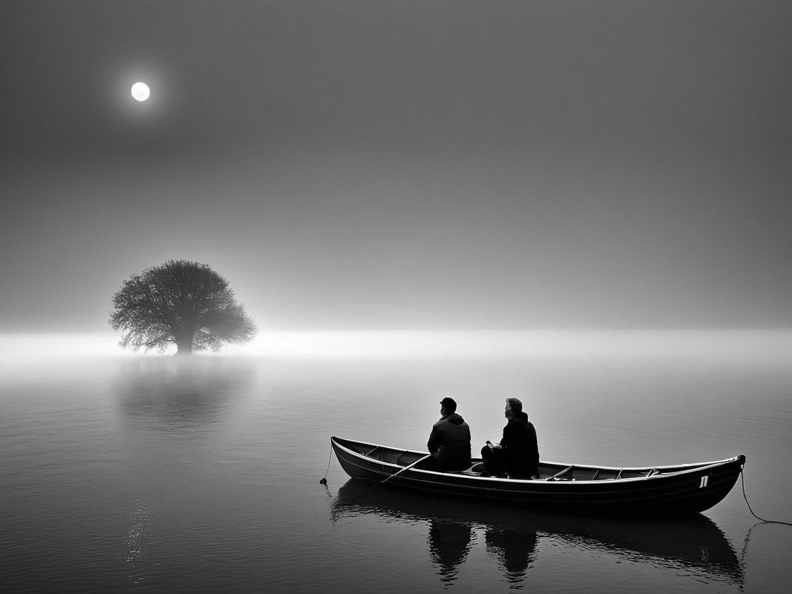 Serene Scene of Two Figures in a Tranquil Boat