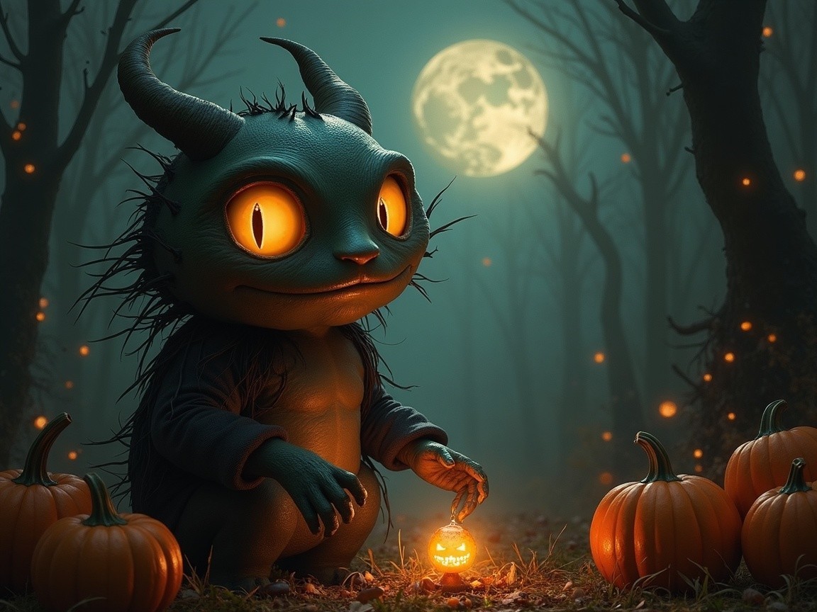 Whimsical Creature in Foggy Halloween Forest Setting