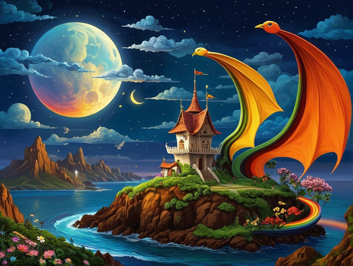 Whimsical Castle on Island with Colorful Dragons