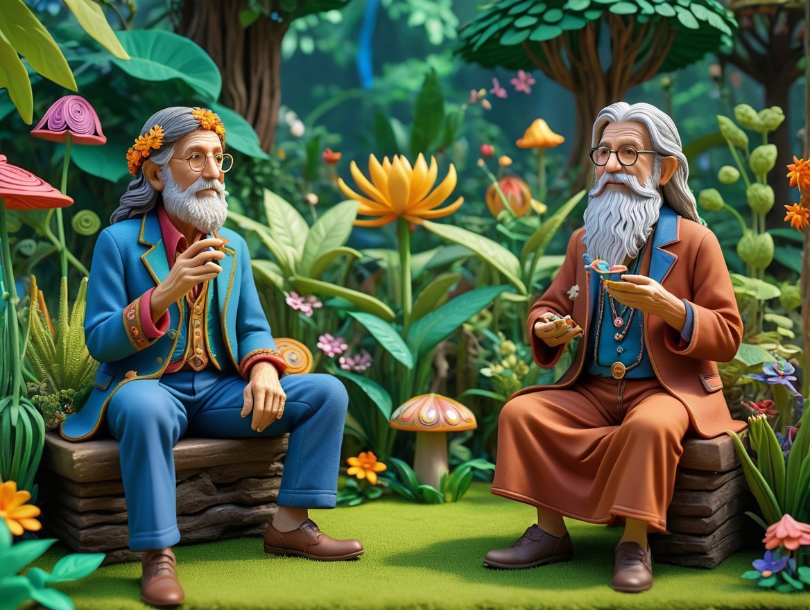 Elderly Men in Whimsical Forest Setting with Pastries