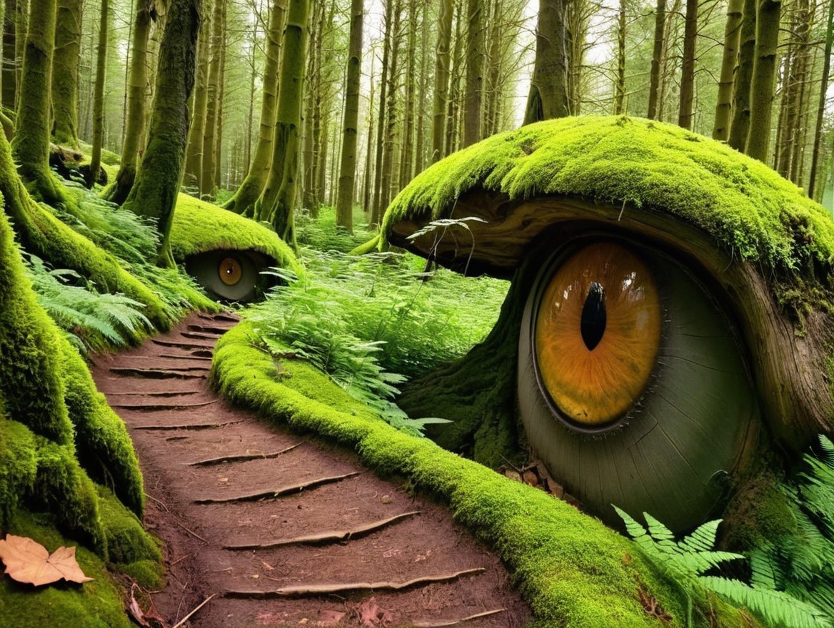 Whimsical Forest Scene with Lush Pathway and Eyes