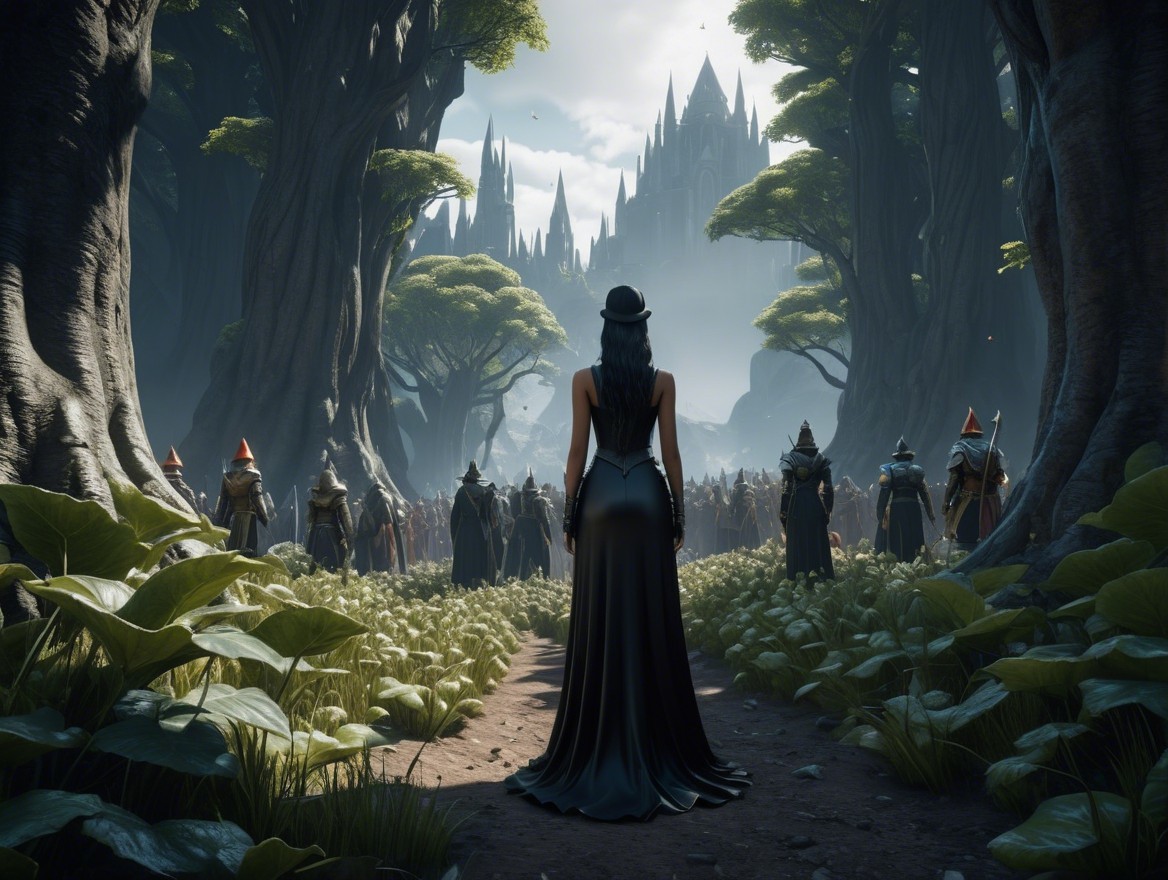 Mystical Forest Scene with Woman and Hooded Figures