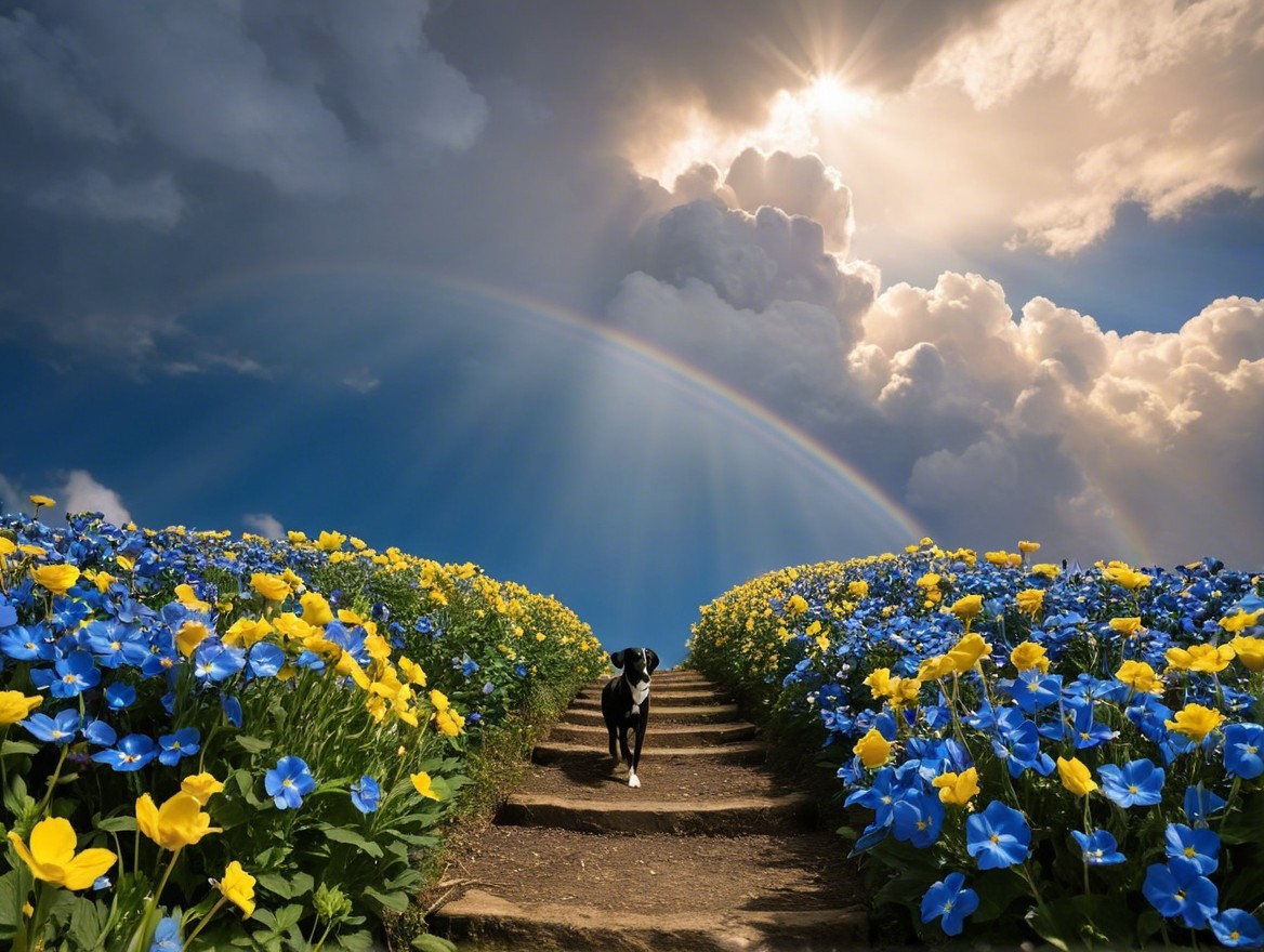 Serene Landscape with Stairs, Flowers, and Rainbow