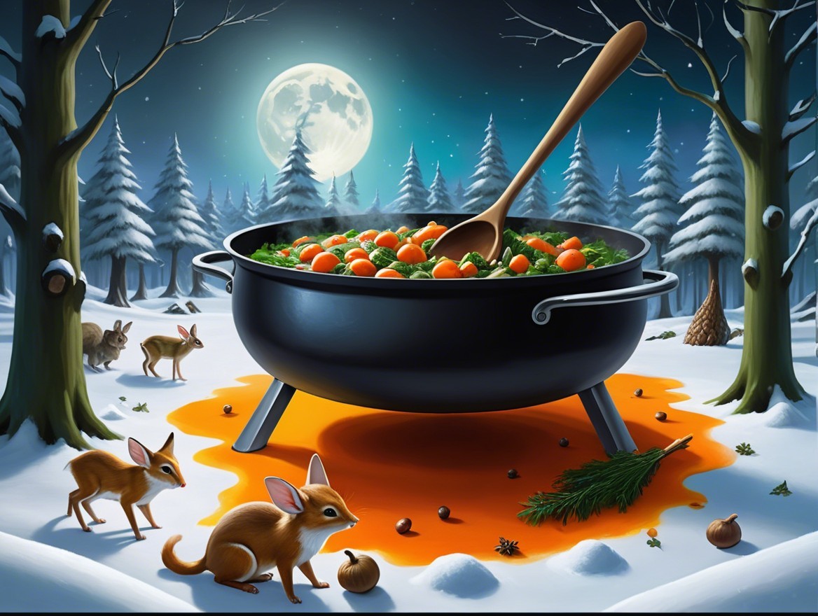 Whimsical Winter Scene with Bubbling Cauldron and Forest