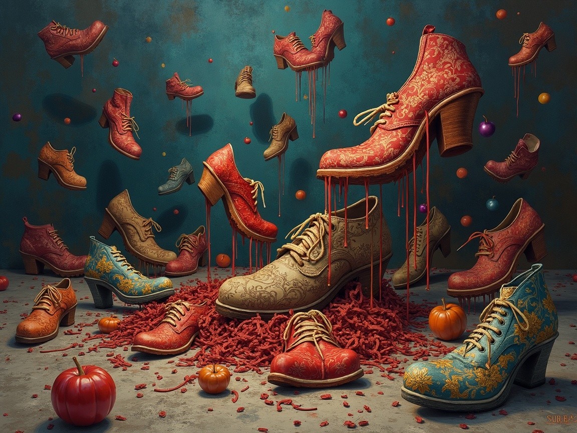 Ornate Shoes in Whimsical Scene with Colorful Elements