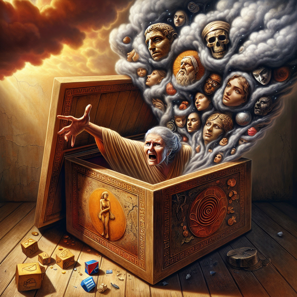 Woman Emerges from Box Surrounded by Chaotic Symbols
