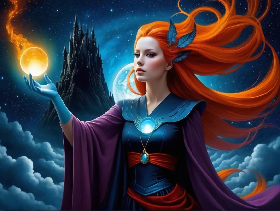 Majestic figure with red hair and glowing orb in gown