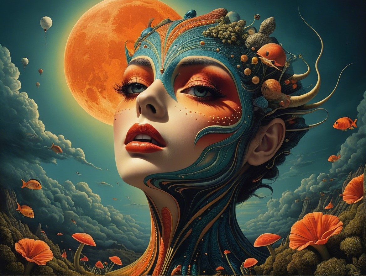 Striking Woman with Colorful Face Design and Moon