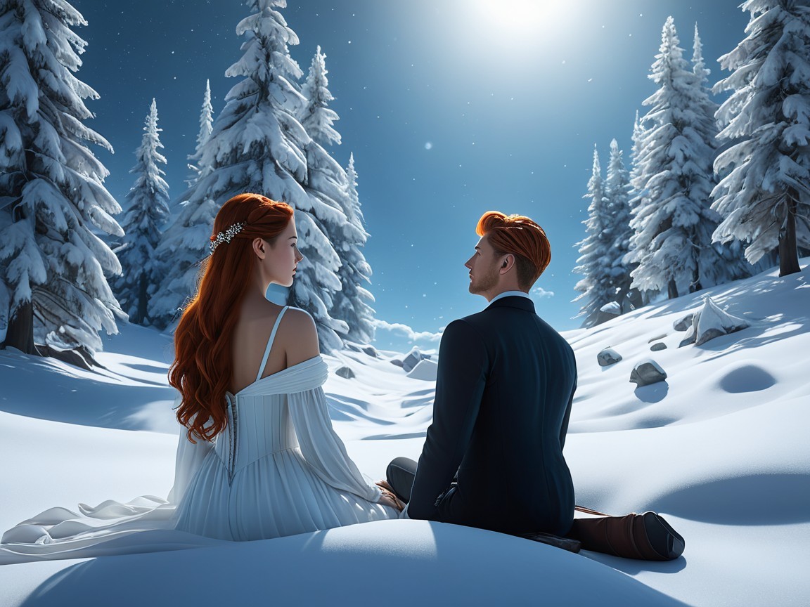 Couple in Winter Landscape with Snow-Covered Pines
