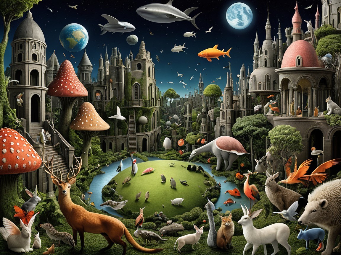 Whimsical Scene with Animals in a Surreal Landscape